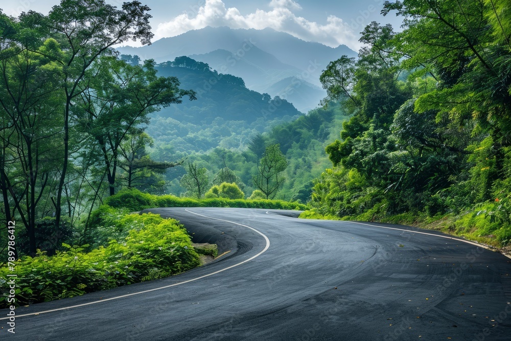 Asphalt road and green forest with mountain nature landscape in Hangzhou, China - generative ai