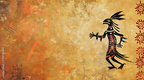kokopelli folk sacred symbols and motifs from Native American cultures with copy space.