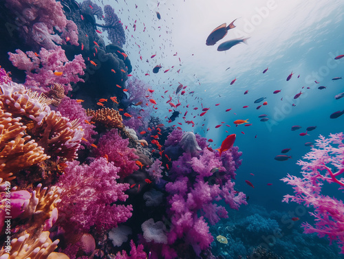 Underwater Scene with Colorful Coral and Fishes 