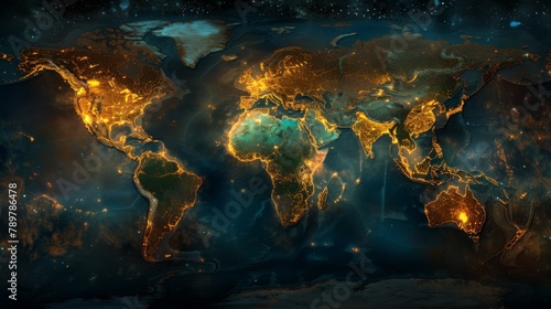 A beautiful artistic render of Earth at night from space, showing city lights.