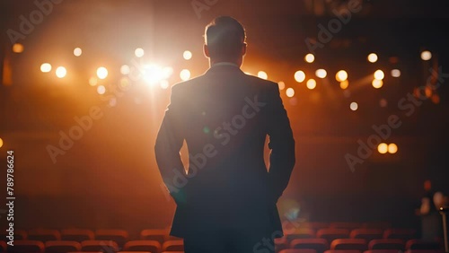 A man in a sharp suit stands with his hands in his pockets his back to the camera as he looks up at the stage with a contemplative . . photo