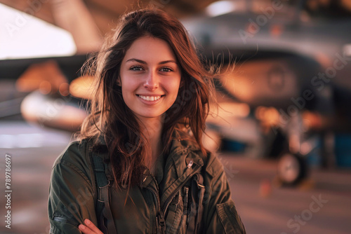 Brunette woman wearing air force uniform in the combat aircraft carrier