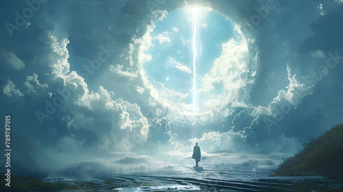 in the center of an enormous circular portal is a vast expanse of white couds, and above ti is a bright beam of light shing down on earth. a person stands at its edge looking up towards heaven  photo