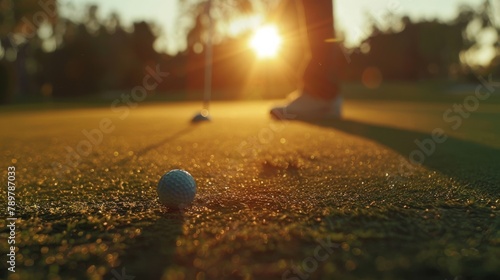 A close up of a golf ball on the green with a player in the background lining up the shot. photo