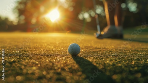 A close up of a golf ball on a tee with a blurry background of a person holding a golf club and the sun setting. photo
