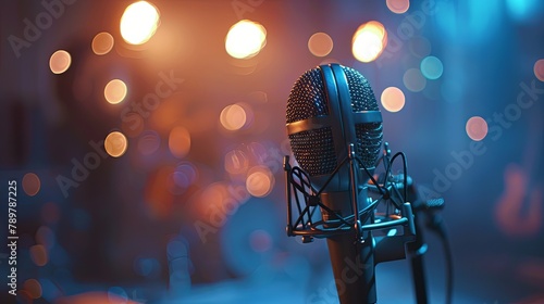 A close up of a microphone with a blurred background of a stage with lights.