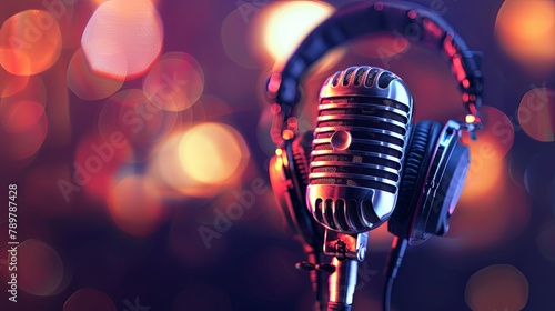A close up of a retro silver microphone with headphones over it against an out of focus background of purple and orange lights.