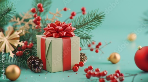 Close-up of a Christmas gift surrounded by fir branches, fir cones, and berries  vibrant mix of red, light pink, purple, and cyan hues, with unfocused golden lights © Alpha