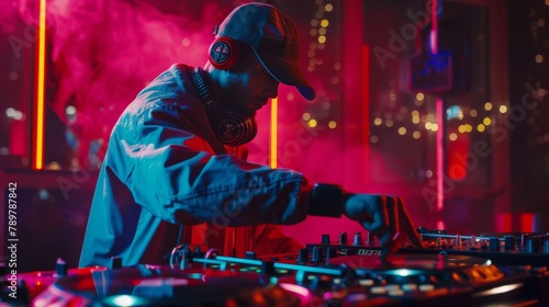 A cool DJ wearing headphones and a cap is mixing music at a nightclub.