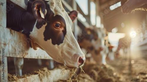 A cow eating hay in a barn. photo