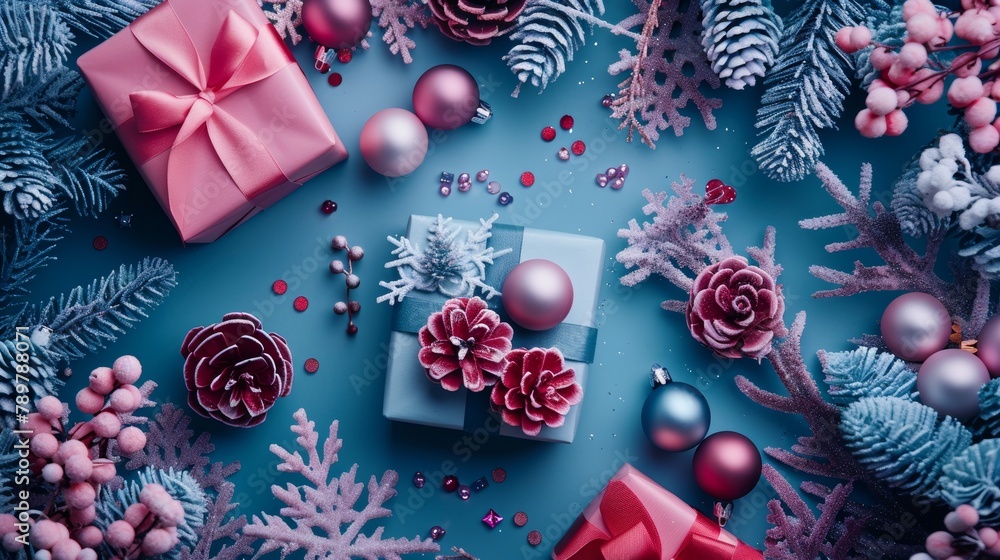 Festive Christmas flat lay with luxury gifts wrapped in red and cyan, surrounded by delicate pink and purple trinkets, snow-dusted fir branches, studio lighting Festive Christmas flat lay with luxury gifts wrapped in red and cyan, surrounded by delicate pink and purple trinkets, snow-dusted fir branches, studio lighting