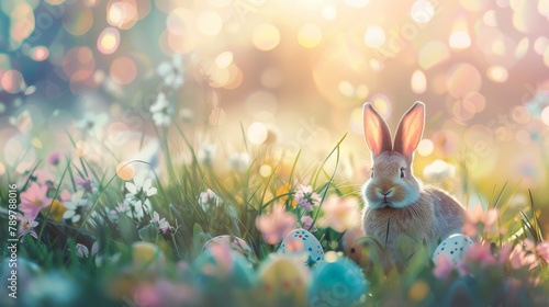 A cute bunny sits in a field of flowers and eats a carrot. The sun is shining brightly and there are colorful Easter eggs all around.