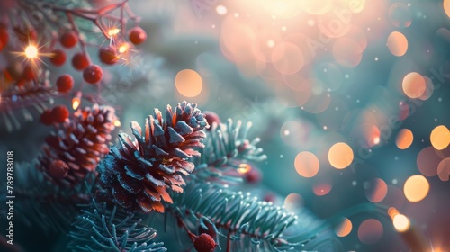 Enchanting scene with a focus on fir cones and berries nestled among lush fir branches, golden Christmas lights creating a soft bokeh effect on a pastel background; captures the essence of Christmas