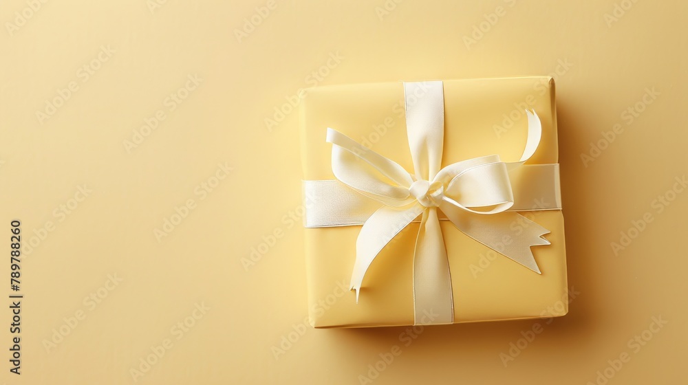 Minimalist Christmas gift, top view close-up, wrapped in pastel yellow with a white ribbon, isolated on a cream background, studio lighting Minimalist Christmas gift, top view close-up, wrapped in pastel yellow with a white ribbon, isolated on a cream background, studio lighting