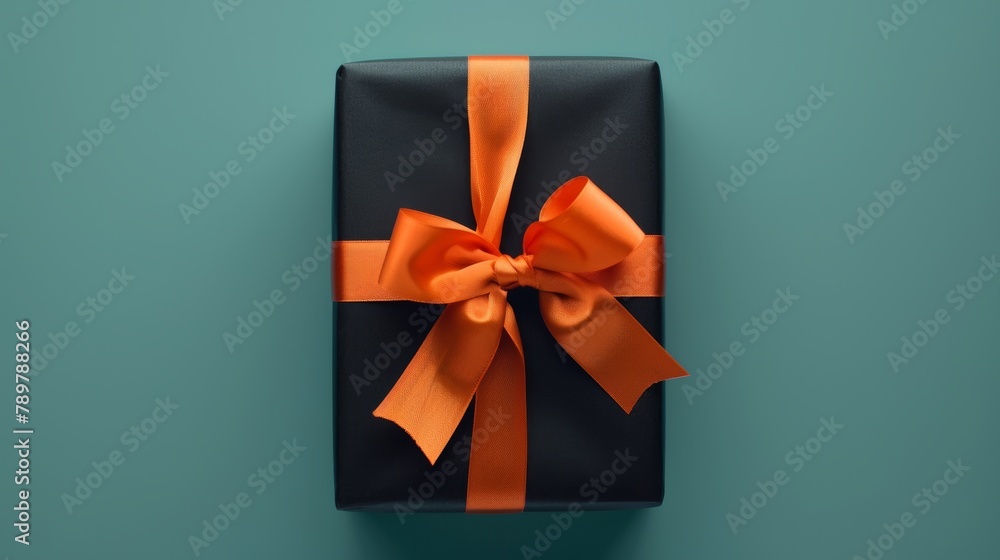 Modern close-up top view of a Christmas gift, sleek black wrapping with a bright orange bow, set against a pastel teal solid background, studio lighting Modern close-up top view of a Christmas gift, sleek black wrapping with a bright orange bow, set against a pastel teal solid background, studio lighting
