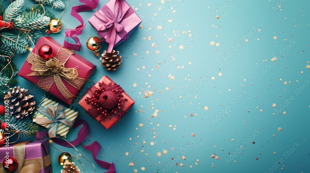 Minimalist top view of a Christmas arrangement with red and purple gifts, pastel-colored fir cones, and soft golden lights on a cyan background