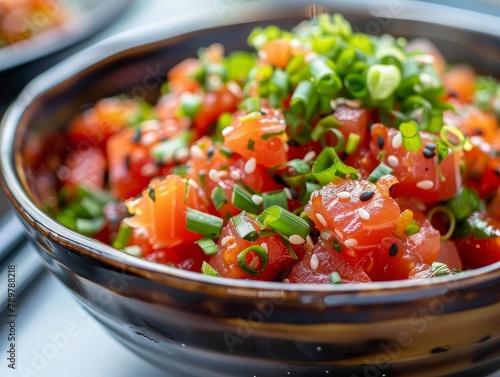 Poke Bowl Ahi Tuna Salmon Scallop Hawaiian Hawaii Rice Food Dinner Background Image