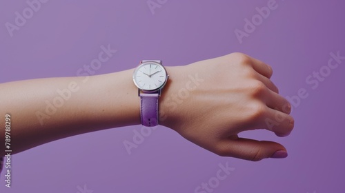 Modern minimalist ad, hand displaying a luxurious watch, backdrop of pastel purple, focused studio lighting