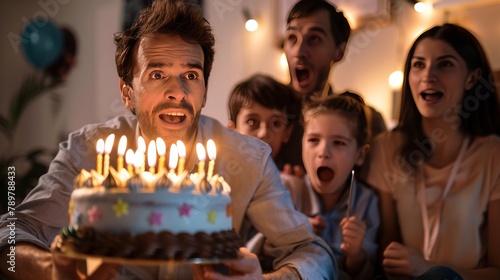 A family is celebrating a birthday. The man is holding the cake and looks surprised. The woman and children are watching him.