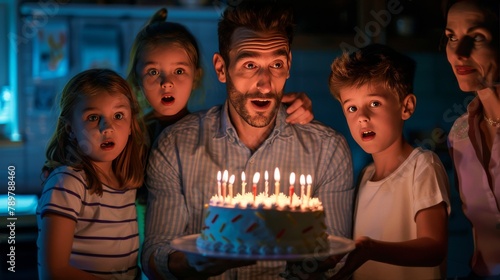 A family is gathered around a birthday cake. The father is holding the cake and is about to blow out the candles. The mother and children are looking on in anticipation.