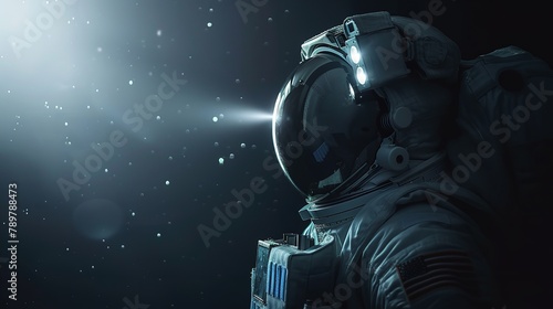 Close shot of astronaut posing in space with a dark backdrop and little white light touching his helmet with a big space for text, Generative AI.