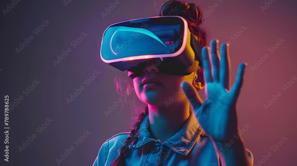 Portrayal of a young woman donning vr headset displaying finger gestures for touching, zooming and swiping. women utilize virtual reality or metaverse innovation for 3d simulation Portrayal of a young woman donning vr headset displaying finger gestures for touching, zooming and swiping. women utilize virtual reality or metaverse innovation for 3d simulation