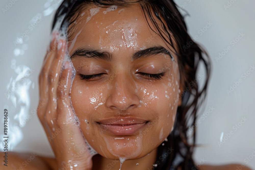Indian woman cleansing face, beauty salon spa skincare body care Indian woman cleansing face, beauty salon spa skincare body care