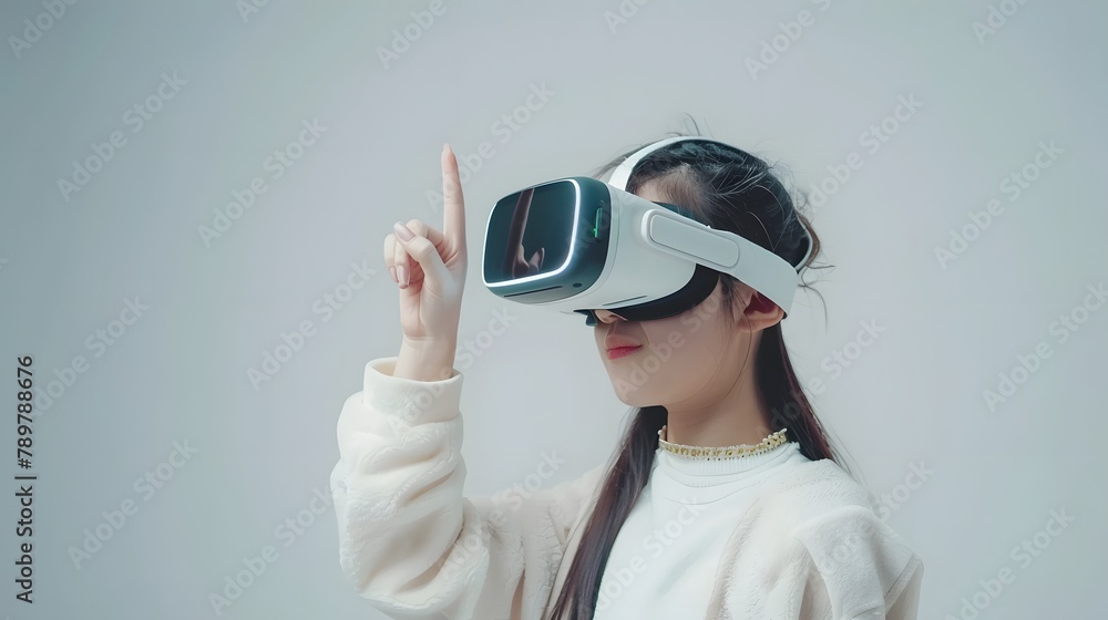 Image of a young woman wearing vr headset illustrating finger gestures for touching, zooming and swiping. women embrace virtual reality or metaverse innovation for 3d simulation Image of a young woman wearing vr headset illustrating finger gestures for touching, zooming and swiping. women embrace virtual reality or metaverse innovation for 3d simulation
