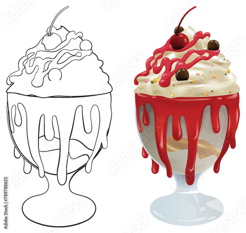 Vector illustration of a cherry-topped ice cream sundae.