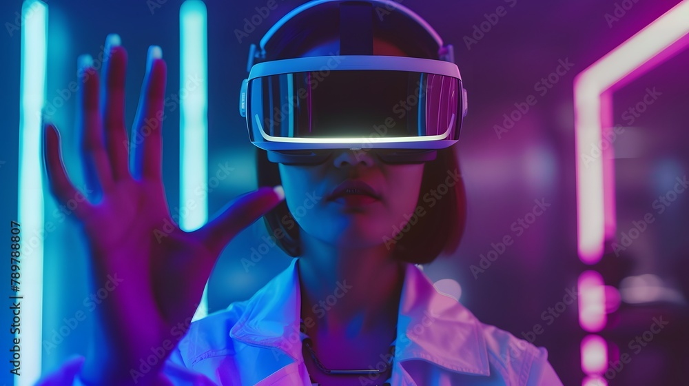 Depiction of a young woman in vr headset displaying finger gestures for touching, zooming and swiping. women utilize virtual reality or metaverse innovation for 3d simulation Depiction of a young woman in vr headset displaying finger gestures for touching, zooming and swiping. women utilize virtual reality or metaverse innovation for 3d simulation