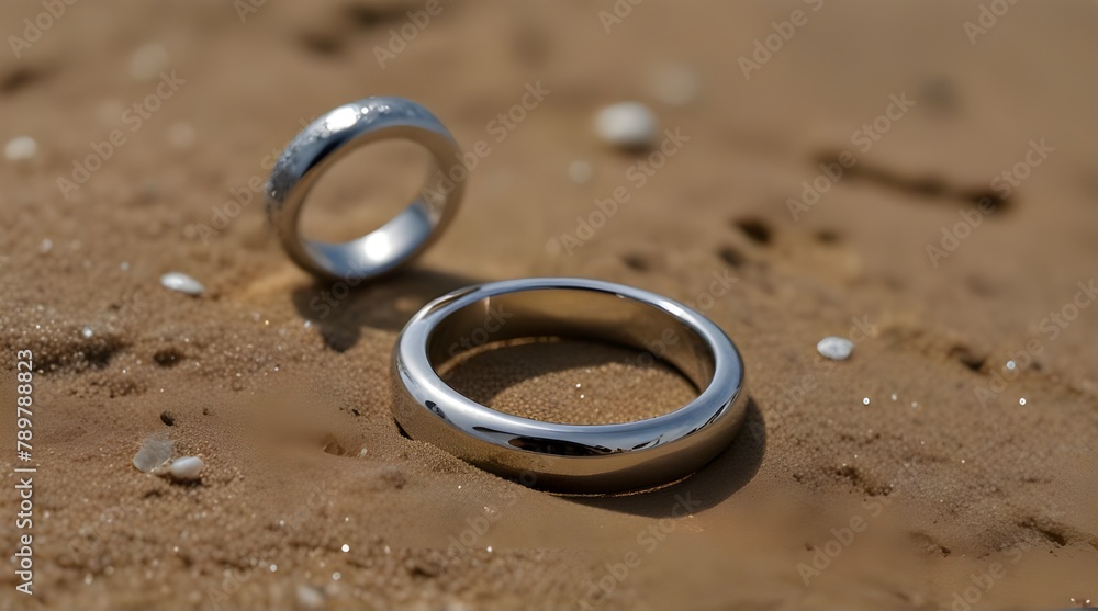 One engagement silver ring in the sand on the background of beach and sea.generative.ai One engagement silver ring in the sand on the background of beach and sea.generative.ai
