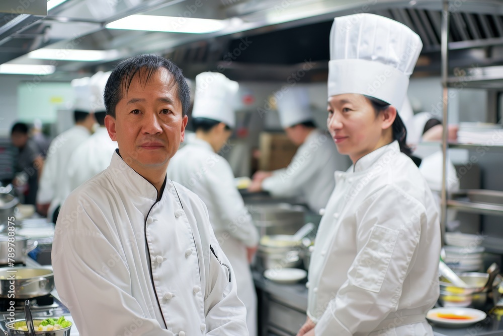 a chinese male chef in the kitchen with his team. 