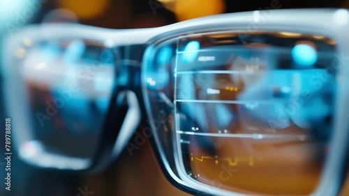 Closeup of a pair of smart glasses demonstrating its handsfree capabilities and augmented reality capabilities for both personal and professional use. .