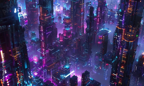 Capture the intricate details of a futuristic cityscape built on interconnected blocks in vibrant digital rendering techniques
