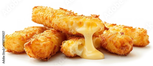 A handful crunchy breaded and deep-fried cheese sticks coupled with hot, melted cheese passing through over a white setting and space, Generative AI.