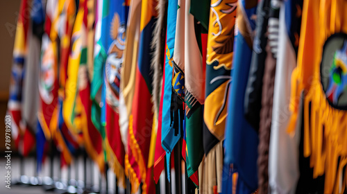 flags of various Native American tribes, soft focus for Native American Day.