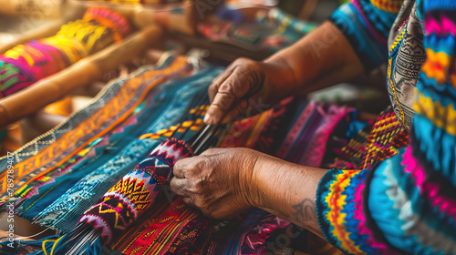 Navajo elder demonstrates her weaving skills, native american fabric textile.