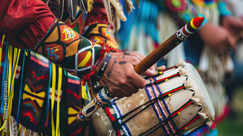 Native american traditional drum and stick. photo