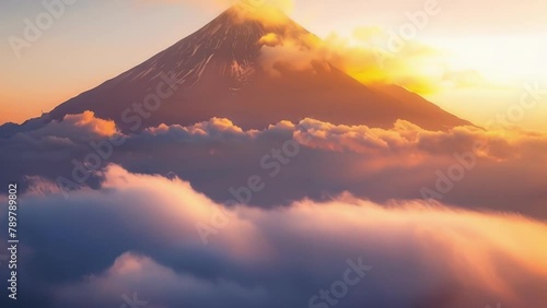 Closeup of a mountain peak bathed in golden sunlight and surrounded by a blanket of clouds. A symbol of strength and resilience reminding individuals that even in the toughest times . photo