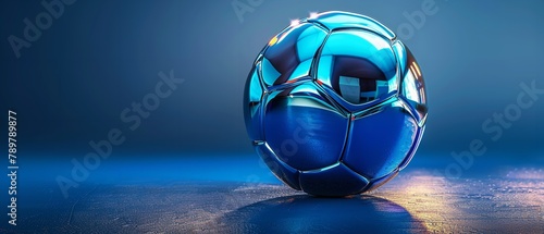 A 3D illustration of 3D metallic football in blue color surface with space and clean backdrop for text or sports type product advertisement, Generative AI. photo