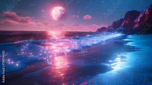 light blue beach covered with colored glowing glass, fluorescent ocean, moonlight,sparkling stars, 3d, ultrawide angle view,aerial view, ling stars moonlight on the ocean photo