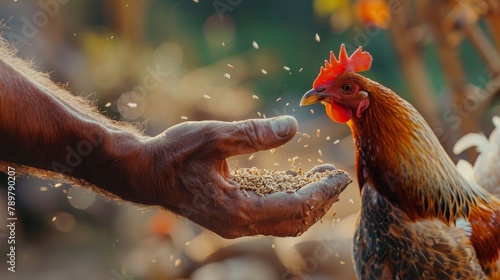 A farmer's hand feeding a chicken. photo