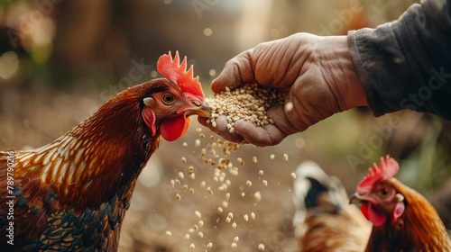 A farmer's hand is feeding grains to a chicken. photo