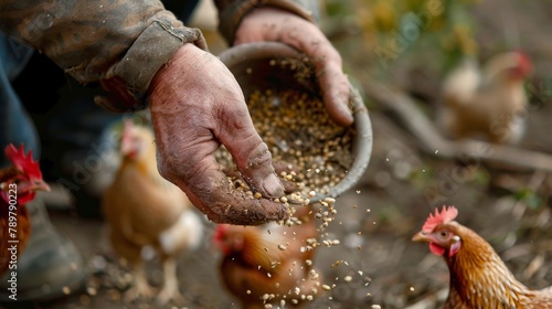 A farmer's hands pour chicken feed from a metal bowl into the ground as several chickens look on.