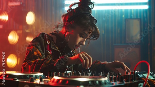 A female DJ is mixing music on a turntable.