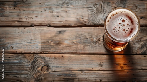 A glass of beer on a wooden table. photo