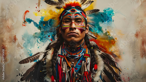 abstract art close up native american young man in traditional costume. photo