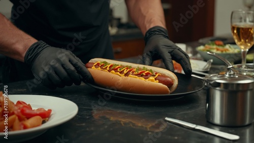 holding a hotdog with black gloves