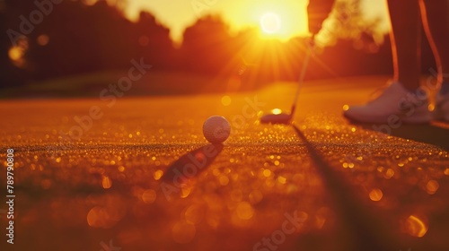 A golfer putting on a green at sunset. photo