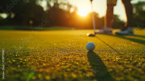 A golfer putting on a green at sunset.
